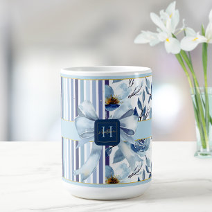 Mug Pays Cottage Monogramme Bleu Blanc Floral Bow