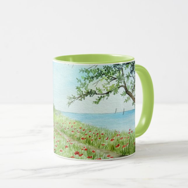 Mug Paysage de terrain de pavot peinture aquarelle (Devant droit)