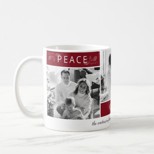 Mug Peace Joy Love Photo Collage Script Maroon Holiday (Gauche)