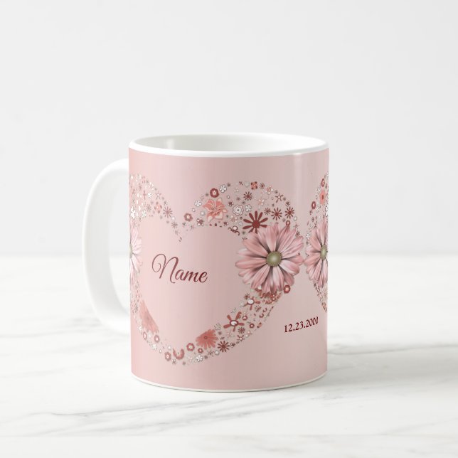 Mug Peach Floral Heart Modern wedding Gift (Devant gauche)