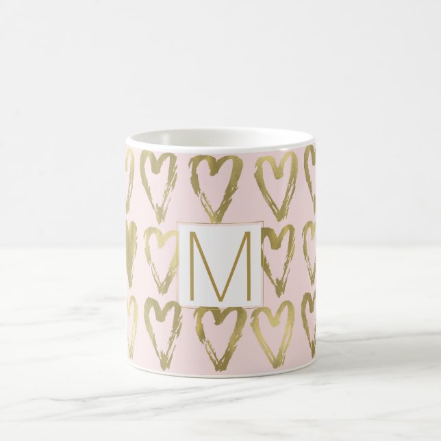 Mug Peach rose et Gold Hearts Monogramme (Centre)