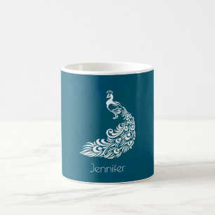 Mug Peacock blanc sur Turquoise chic élégant personnal