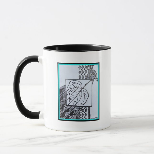 Mug Peacock & Leaf Blk & Whit Ink Turquoise Border (Gauche)