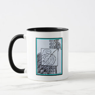 Mug Peacock & Leaf Blk & Whit Ink Turquoise Border.