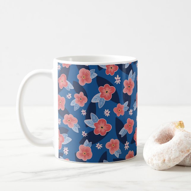 Mug Pêche et bleu motif floral (Avec donut)
