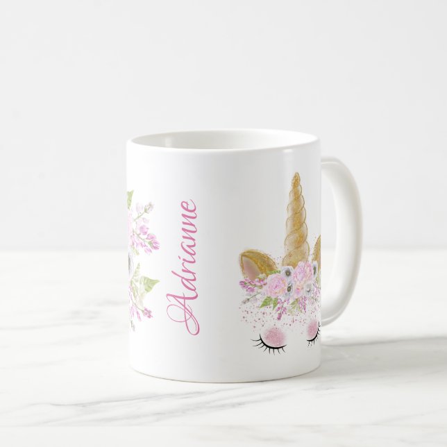 Mug Peine rose Unicorne florale Whimsical Artwork™ (Devant droit)