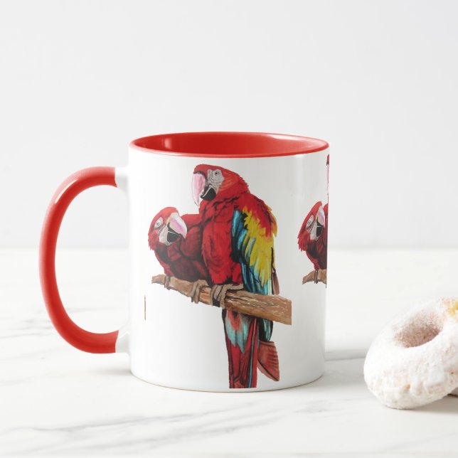 Mug Peinture couleur rouge Macaw Aquarelle (Avec donut)