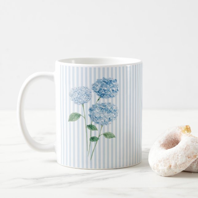 Mug Peinture de Fleur d'Hortensia Bleu à Rayure Bleue (Avec donut)