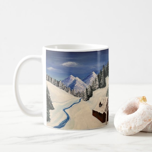Mug Peinture de montagne Wilderness Cabine (Avec donut)