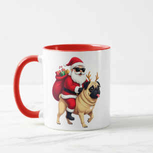 Mug Père Noël drôle à cheval sur un Pug à Noël