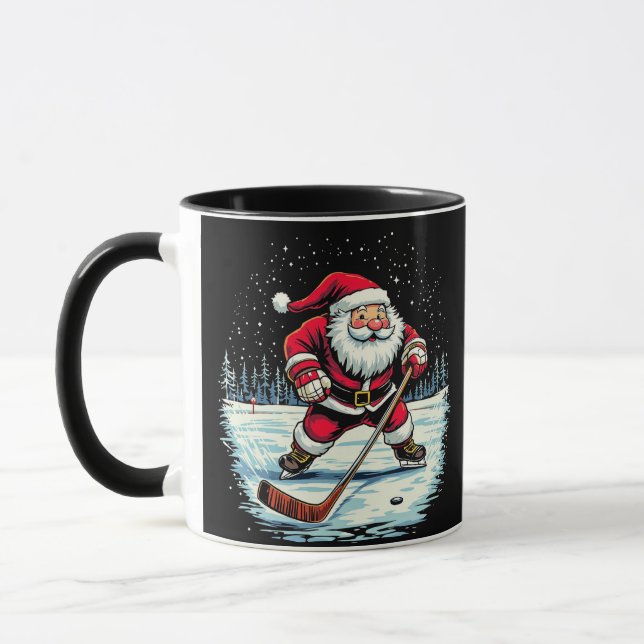 Mug Père Noël moderne branché jouant au hockey sur gla (Gauche)