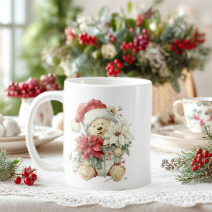 Mug Père Noël ours en peluche avec fleurs de Noël