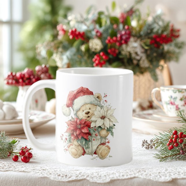 Mug Père Noël ours en peluche avec fleurs de Noël (Créateur téléchargé)
