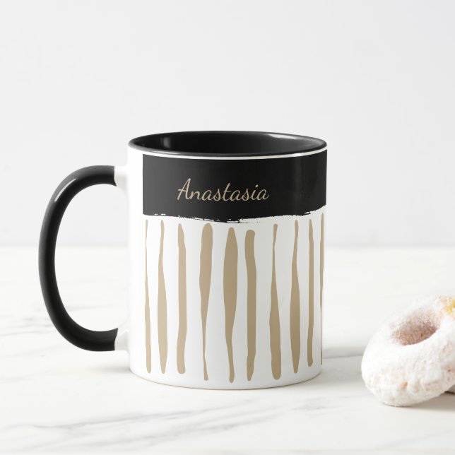 Mug Personalised Black and Gold Artistic Stripes (Avec donut)