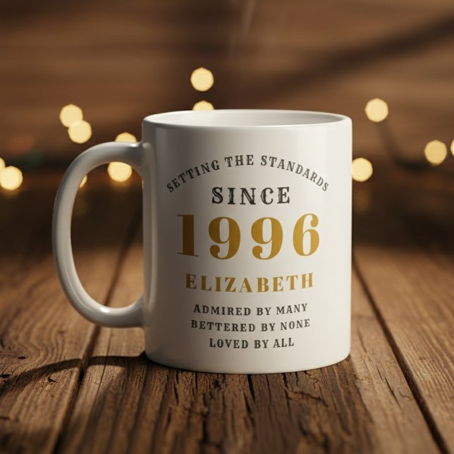 Mug Personalized 30th Birthday 1996 Add Name Elegant (Born 1996 birthday gift mug on a woof floor. Blurred background.)