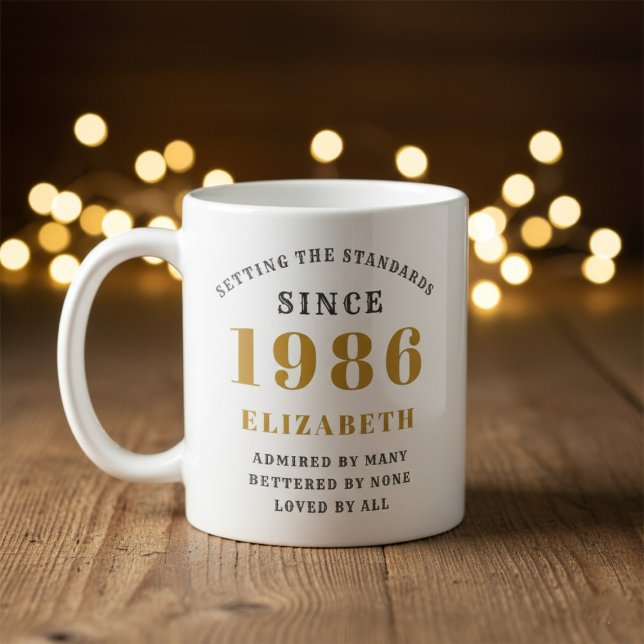 Mug Personalized 40th Birthday 1986 Add Name Elegant (Born 1986 birthday mug. Out of focus wood and lights background.)