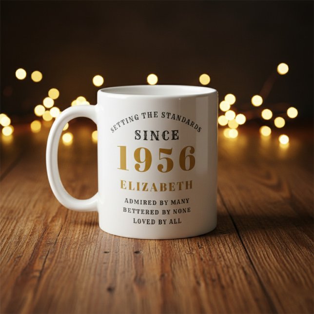 Mug Personalized 70th Birthday 1956 Add Name Elegant (Born 1956 birthday gift mug. Background out of focus.)