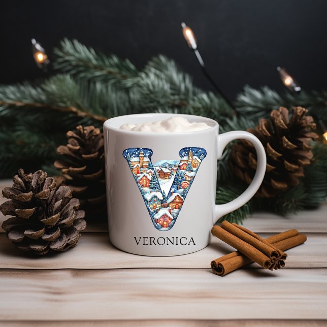 Mug Personalized Christmas Winter Village Monogram V (Personalized Christmas Winter Village Monogram V Coffee Mug)