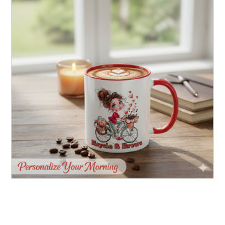 Mug Personalized Cute Watercolor Girl Bicycle & Brews 