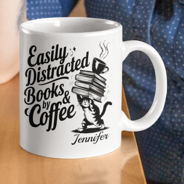 Mug Personalized Easily Distracted By Books & (Bookworms coffee mug with a cat )