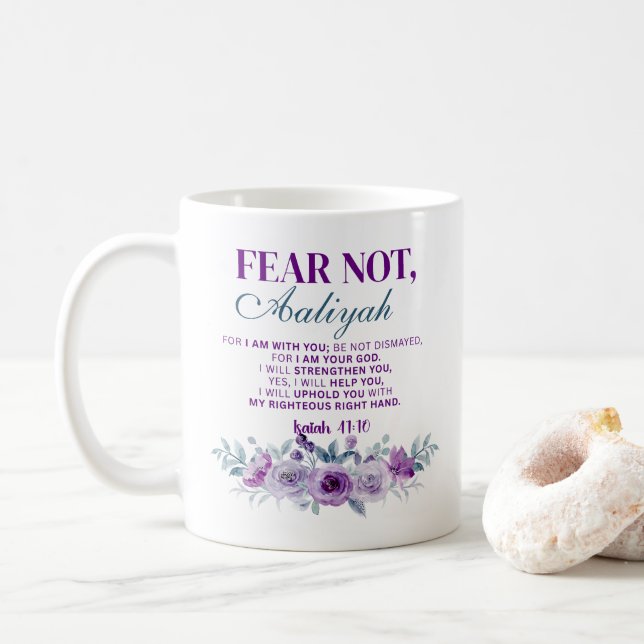 Mug Personalized Fear Not Isaiah 41:10 Purple Floral (Avec donut)