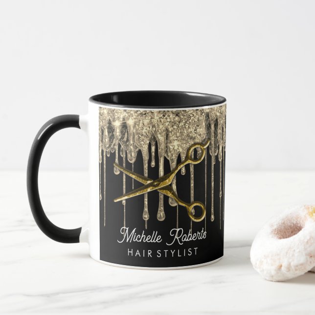 Mug Personalized Gold Glitter Scissors Hair Salon    (Avec donut)