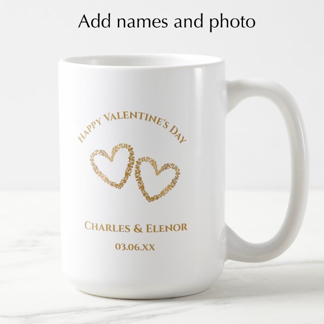 Mug Personalized Photo Keepsake Valentines Day Gift (Add couples names, photo, and custom text. Create a unique heart Valentines Day keepsake gift.)