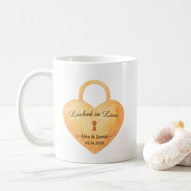 Mug Personalized Watercolor Lock & Key Love Design (Avec donut)