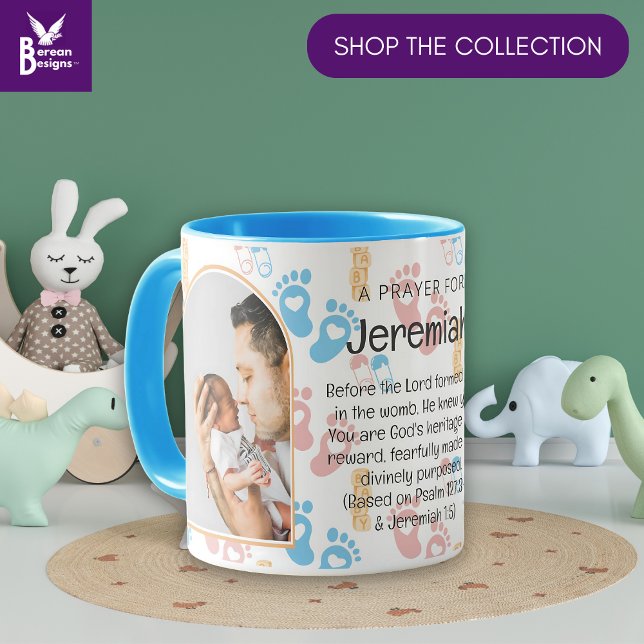 Mug Personnalisation Christian Prayer Keepsaké Baby Bo (Cute BABY FOOTPRINTS Christian Prayer souvenir mug with CUSTOMIZABLE photo, name and Bible verse.)