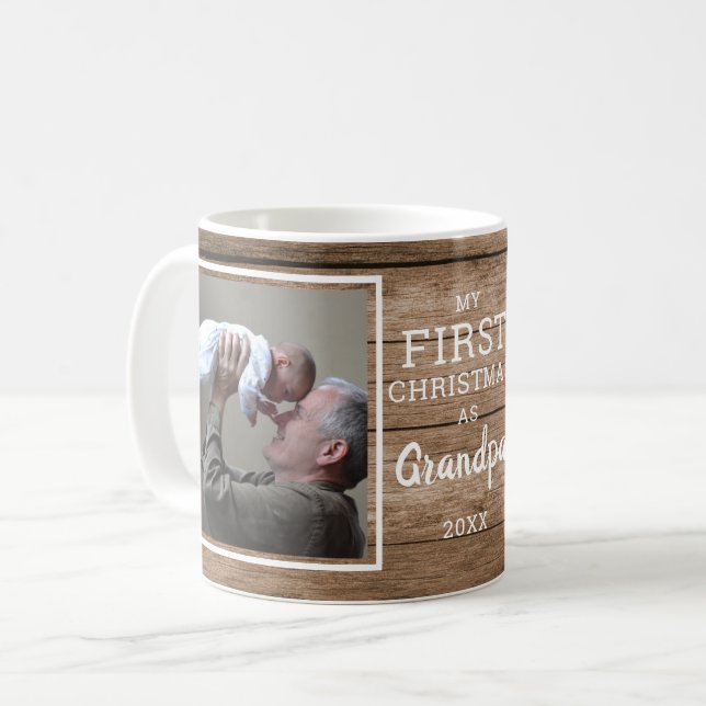 Mug Personnalisé 2 Grand-père photo Premier Noël Bois  (Devant gauche)