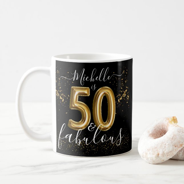 Mug Personnalisé 50e Fabuleux Balloons Noirs d'Or Anni (Avec donut)