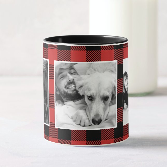 Mug Personnalisé Famille Rouge Photo Buffalo Plaid Mot (Créateur téléchargé)