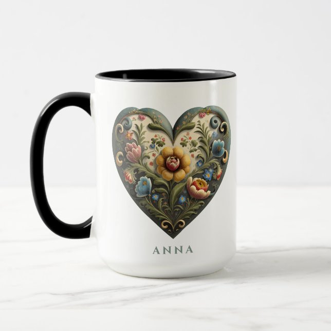 Mug Personnalisé Norvégien Rosemaling Folk Art Heart M (Gauche)