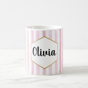 Mug Personnalisé rose et blanc rayé