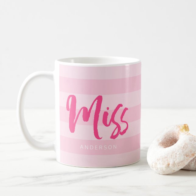 Mug Personnaliser avec le nom Miss Preppy Pink Stripes (Avec donut)
