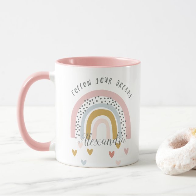 Mug Personnaliser Suivez vos rêves Pink Rainbow Name (Avec donut)