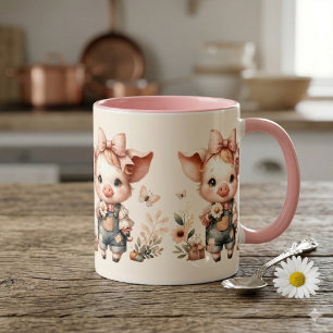 Mug Petit Cochon Fantaisiste en Salopette Pastel Pêche