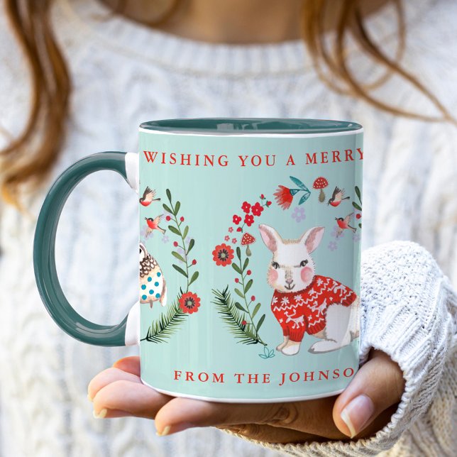 Mug Petit hibou Rabbit Penguin Noël Nom de Noël (Cute Owl Rabbit Penguin Christmas Holiday Name Mug)