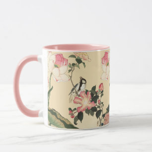 MUG PETIT OISEAU AVEC ROSES PINK ET FLEURS DE LOTUS