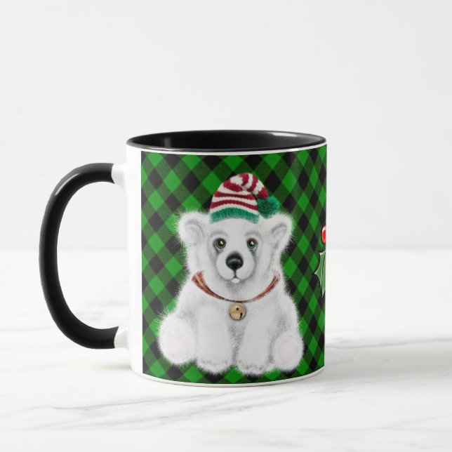 Mug Petit ours polaire de Noël classique vert plaid (Gauche)