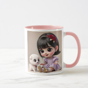 Mug Petite fille au bandeau fleuri et son chiot blanc.