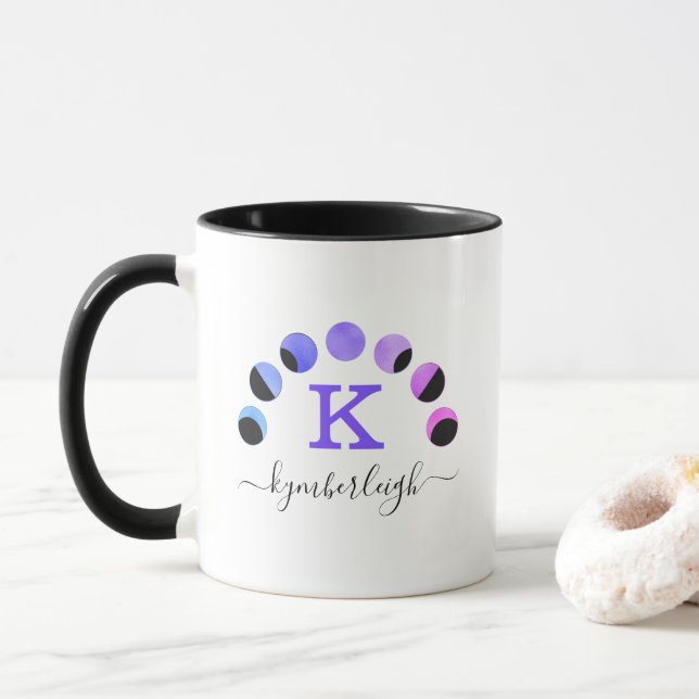 Mug Phases de Glam Moon Purple rose Turquoise Nom du m (Avec donut)
