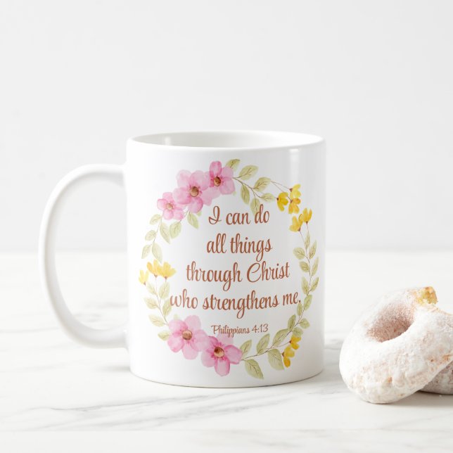 Mug Philippiens 4:13 Écriture florale rose et jaune (Avec donut)