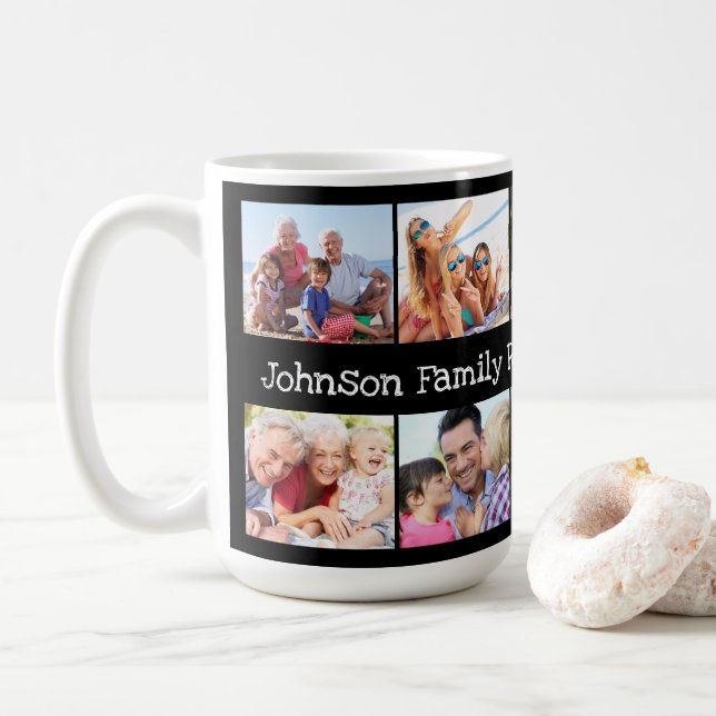 Mug Photo Collage Famille Réunion Noir personnalisé (Avec donut)