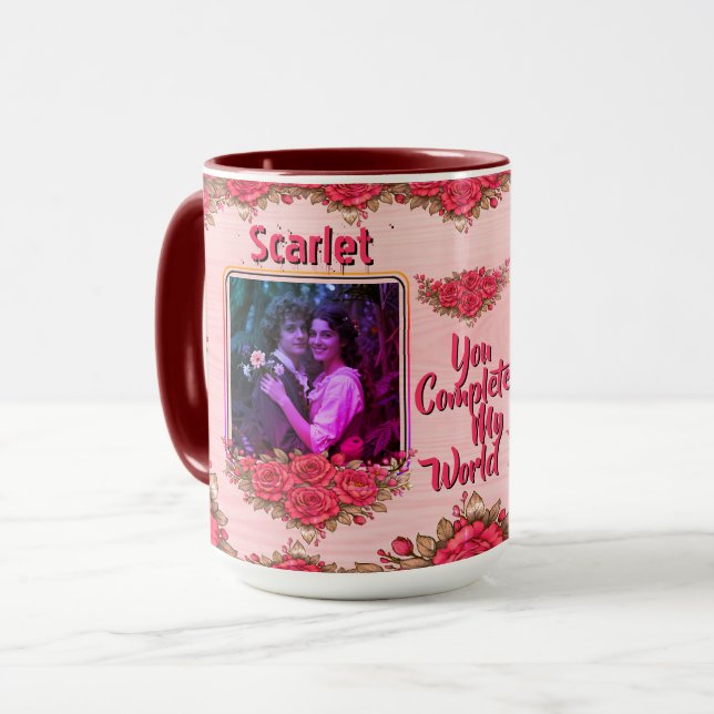 Mug Photo Collage  Name Valentine's Day Floral Coffee (Devant gauche)