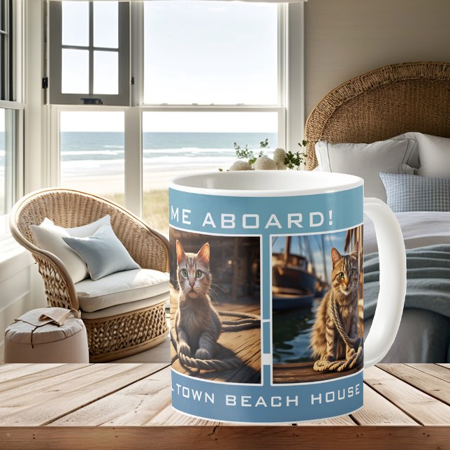 Mug Photo de chat Nautical Beach House (Nautical cat photo mug in elegant blue and white with a wave and sparkle design - beach house)
