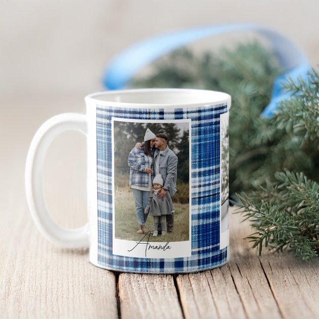 Mug Photo de famille de la Flannelle Plaid Blue et Nav (Cozy Blue and Navy Plaid Flannel Family Photo Coffee Mug)