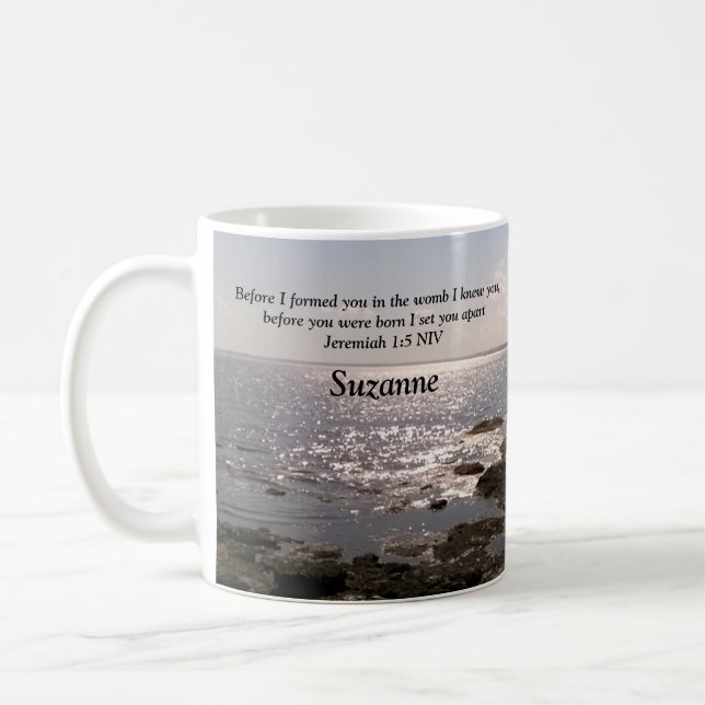 Mug Photo de Mer avec Jérémie 1:5 Dieu vous connaissai (Gauche)