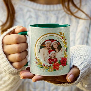 Mug Photo de Noël - Famille au cercle de gui pailleté 