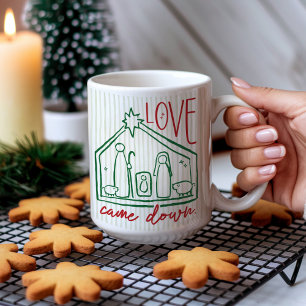 Mug Photo de Noël « Love Came Down » crèche dessinée à